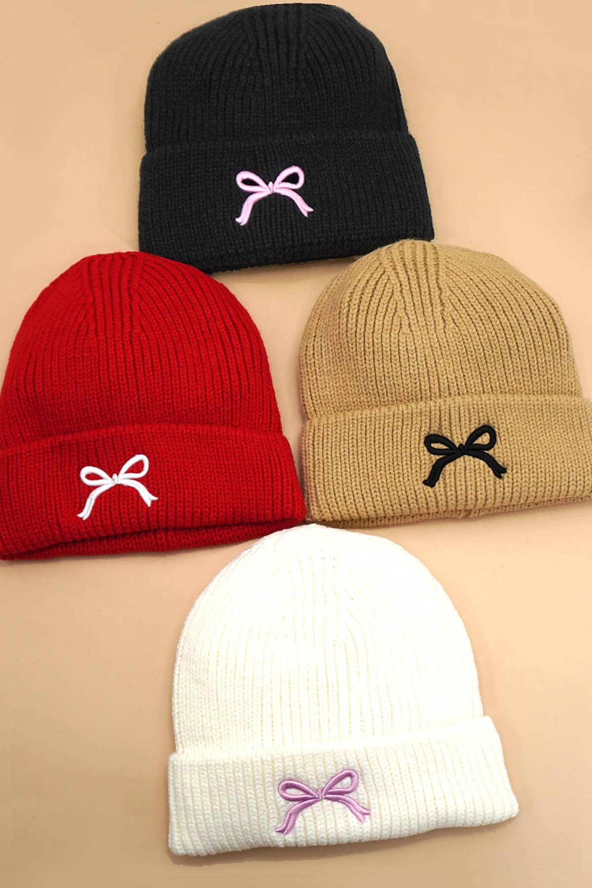 SOFT RIBBED KNIT BOW ACCENT BEANIES HAT | 40BN916