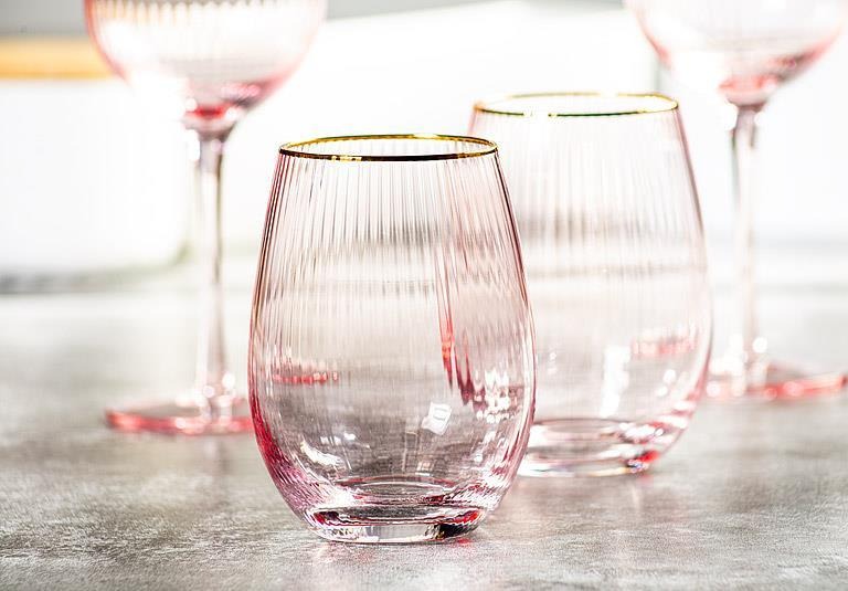 Stemless Wine Glass - Pink with Gold Rim