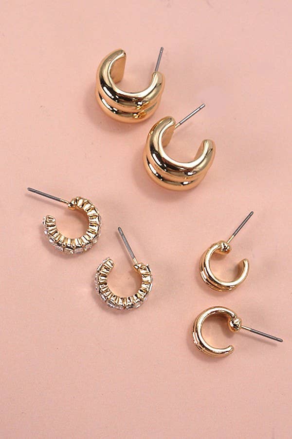 TRIO DE PENDIENTES HUGGIE DE DOBLE ARO CON PIEDRA BAGUETTE | 80E5317