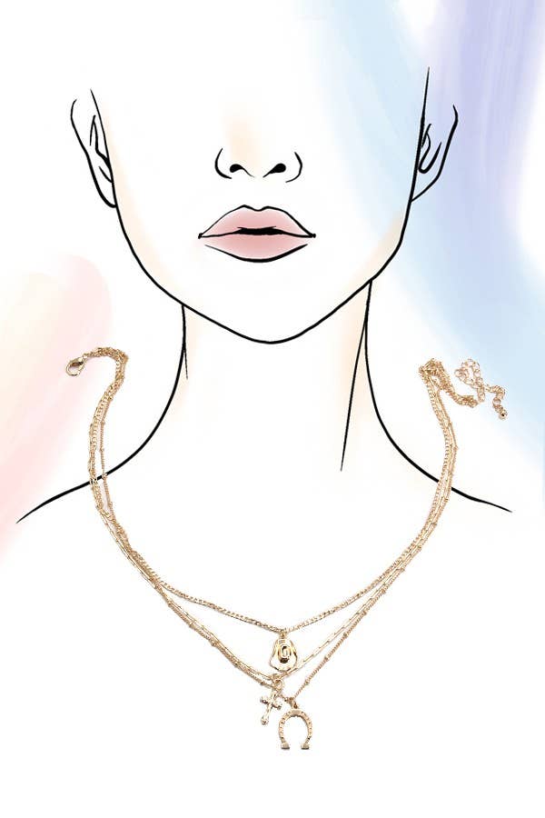 COLLAR DE TRES CAPAS CON CRUZ Y SOMBRERO DE HERRADURA | 80N436