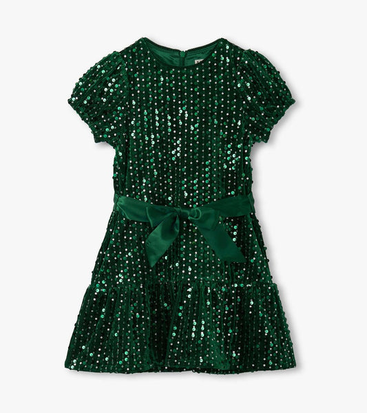 Girls Green Sequins Velvet Dress