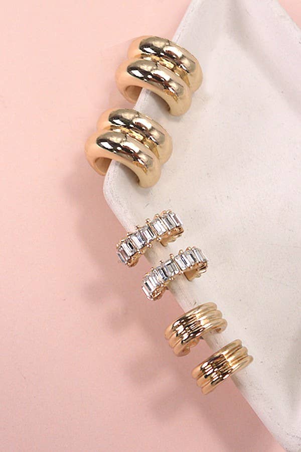 TRIO DE PENDIENTES HUGGIE DE DOBLE ARO CON PIEDRA BAGUETTE | 80E5317