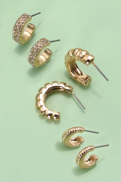 TRIO DE PENDIENTES DE ARO CON TEXTURA DE DIAMANTES DE IMITACIÓN | 80E5014