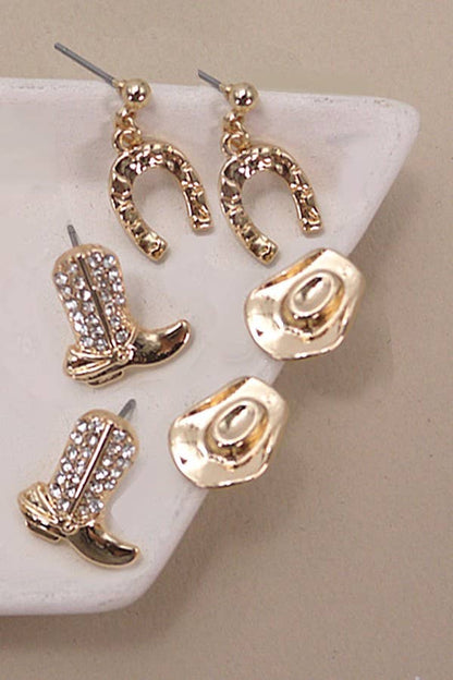 CHAPEAU BOTTES FER À CHEVAL WESTERN TRIO BOUCLES D'OREILLES | 80E3842