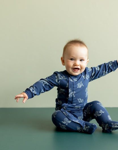 Coccoli Infant Cotton-Modal Zipper Footie - Turtles on Marine