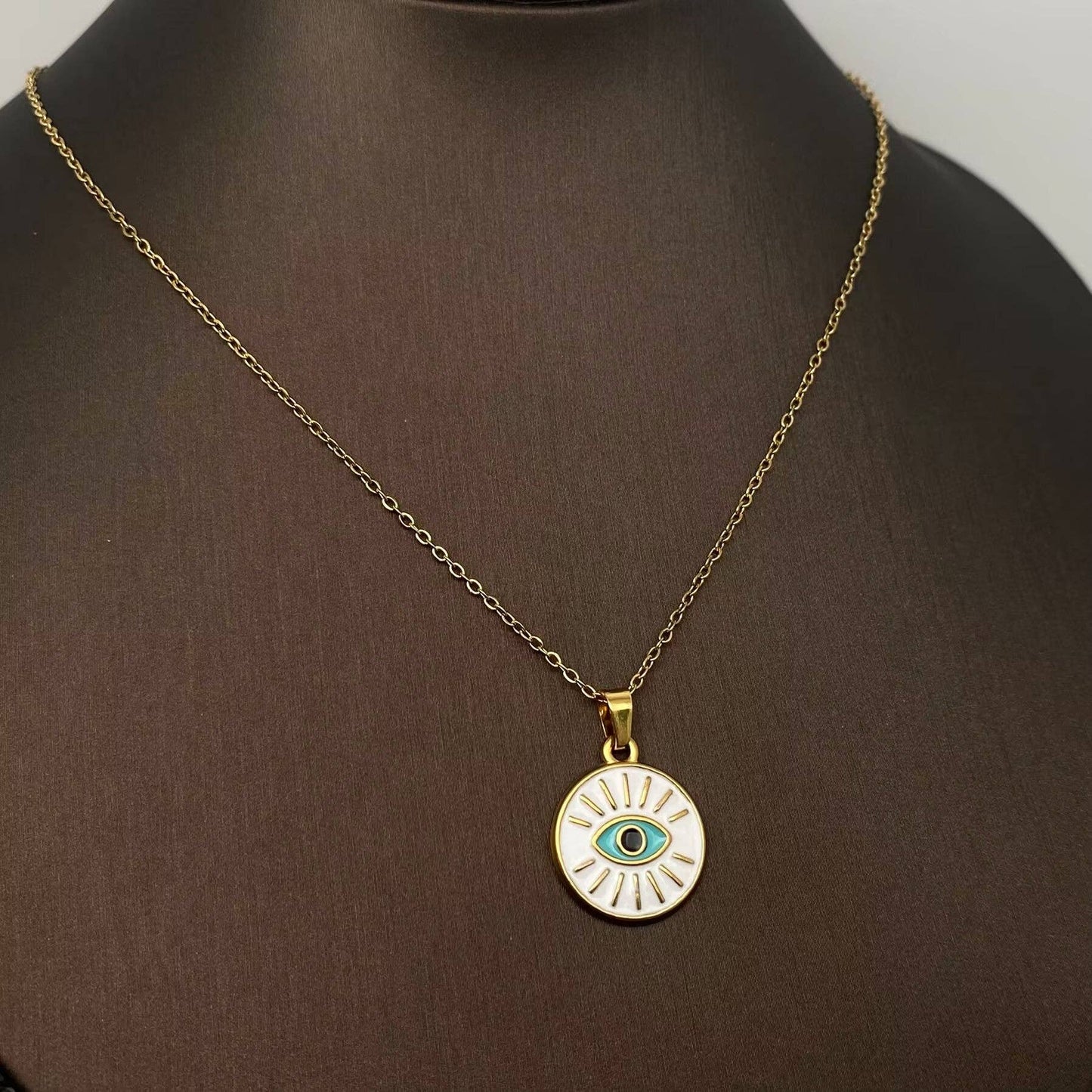 Enamel Evil Eyes Charm18K Gold Plated S.Steel Necklace - FGS