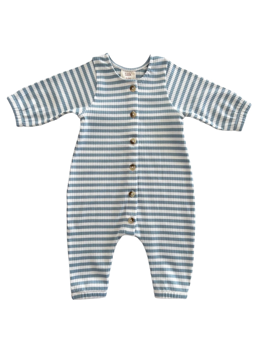 Dusty Blue Stripe / Organic Ribbed Long Sleeve Bay Jumpsuit