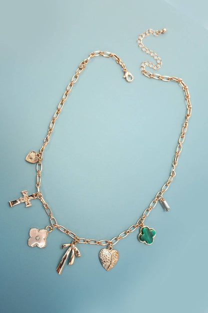CHARM NECKLACE-GREEN CLOVER BOW CROSS HEART | 80N91991