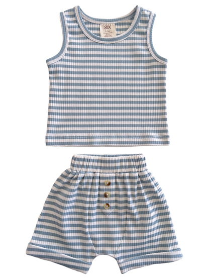 Dusty Blue Stripe / Organic Ribbed Tank & Short Set (Baby)