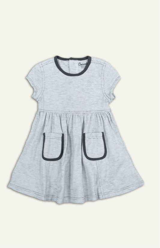 Cotton Dress - Pewter/Cream with Navy Trim