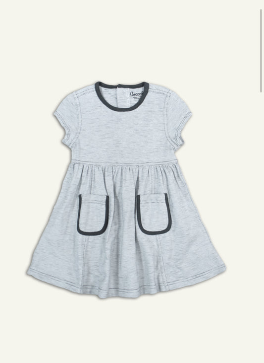 Coccoli Girls Dress - Pewter/Cream Slub with Navy Trim