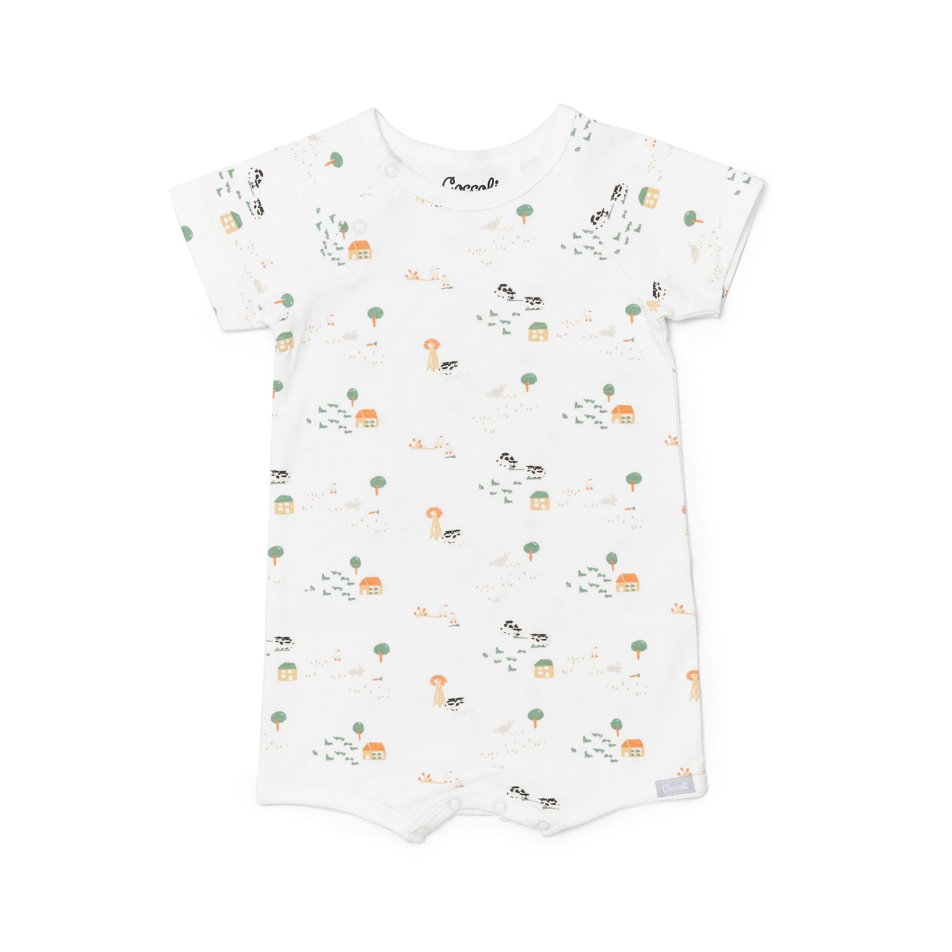 Ontario-based retailer's ultra-soft modal romper featuring a charming farm animal print on a cream background. Designed for comfort and breathability, perfect for the Spring/Summer 2025 season. Easy snap closures for quick changes. 