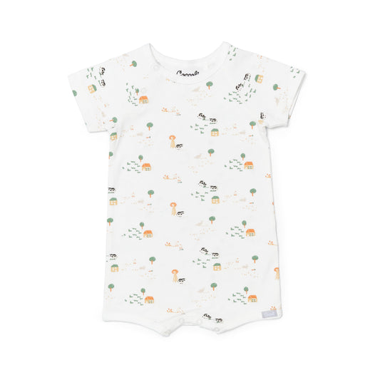Ontario-based retailer's ultra-soft modal romper featuring a charming farm animal print on a cream background. Designed for comfort and breathability, perfect for the Spring/Summer 2025 season. Easy snap closures for quick changes. 
