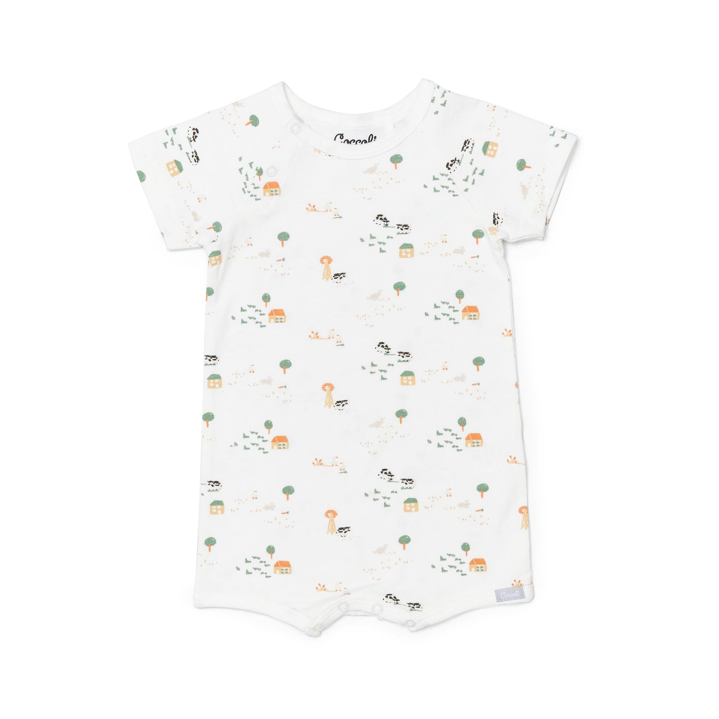 Canadian retail business romper featuring a charming farm animal print on a cream background. Lightweight, breathable, and ultra-soft for all-day comfort. Perfect for the Spring/Summer 2025 season. Easy snap closures for quick changes.