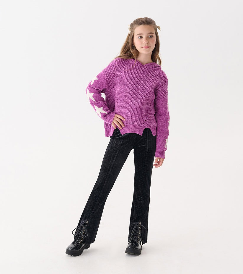 Girls Black Sparkle Wave Velour Flared Pants