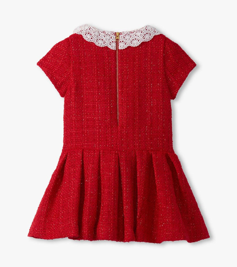 Girls Sparkle Boucle Pleated Lace Collar Dress