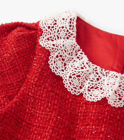 Girls Sparkle Boucle Pleated Lace Collar Dress