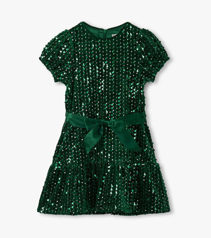 Girls Green Sequins Velvet Dress