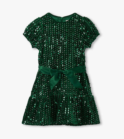 Girls Green Sequins Velvet Dress