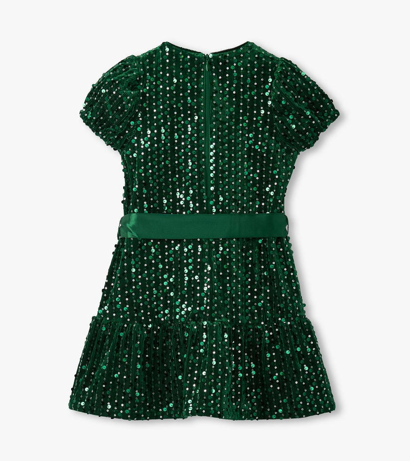 Girls Green Sequins Velvet Dress