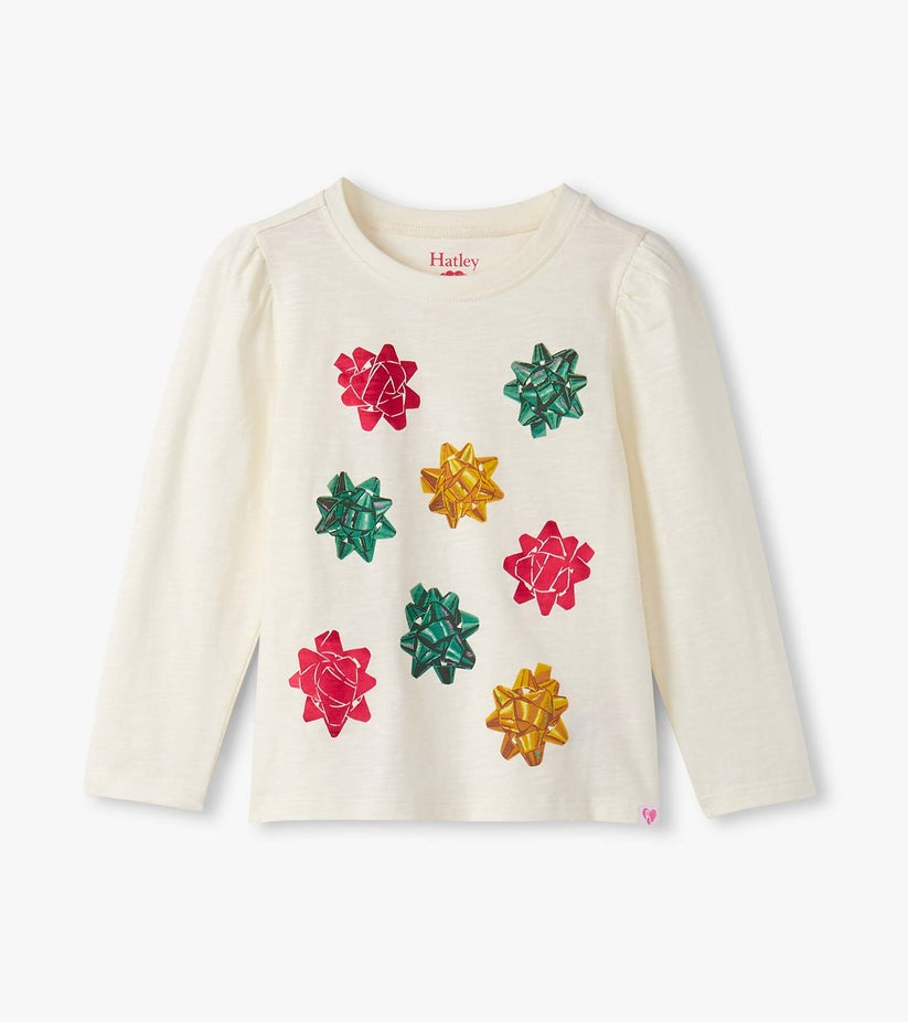 Girls Festive Bows Puff Sleeve Graphic Tee