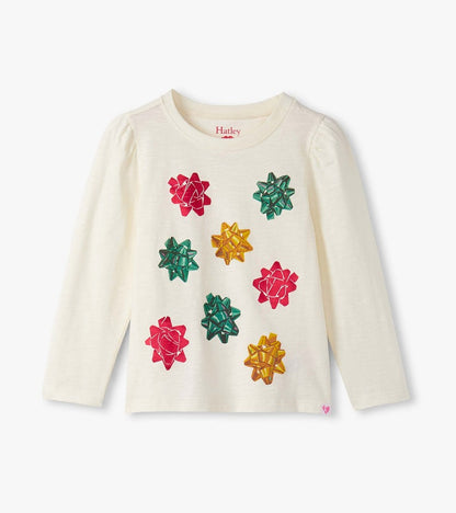 Girls Festive Bows Puff Sleeve Graphic Tee