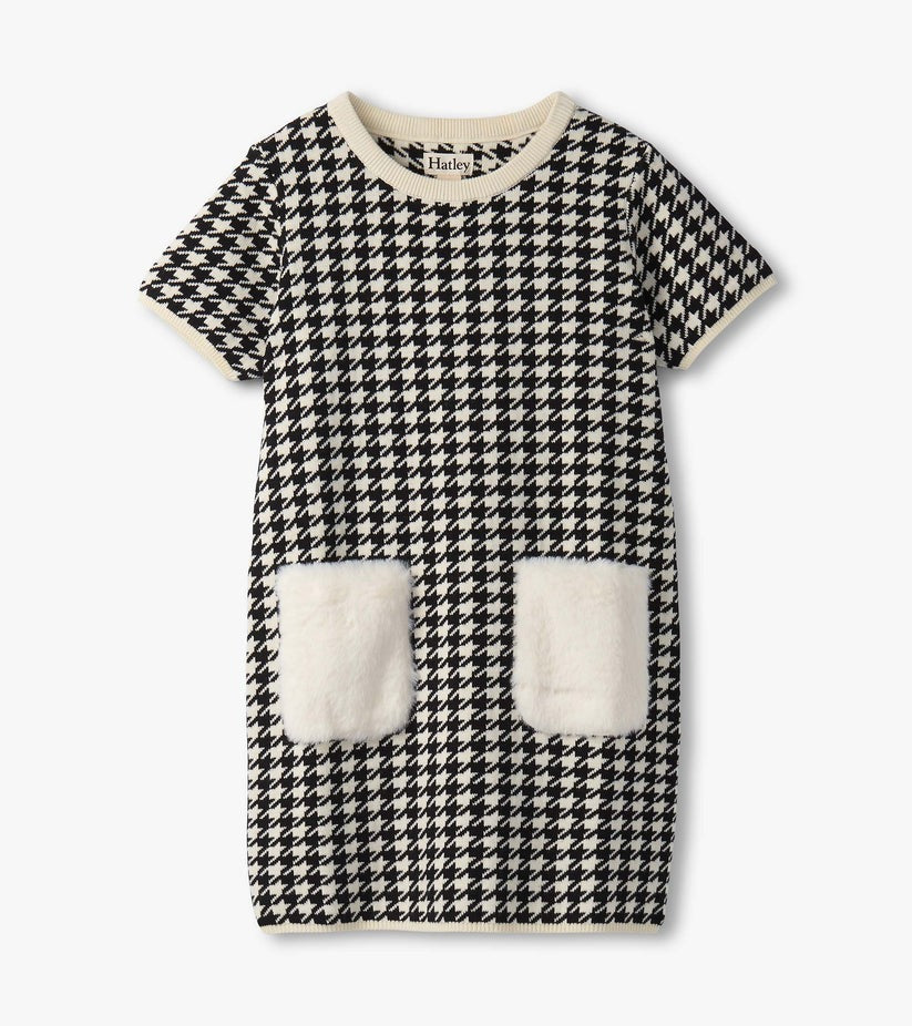 Girls Houndstooth Sweater Dress with Faux Fur Pockets