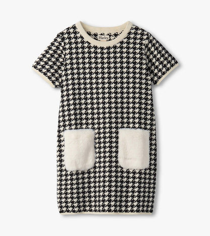 Girls Houndstooth Sweater Dress with Faux Fur Pockets
