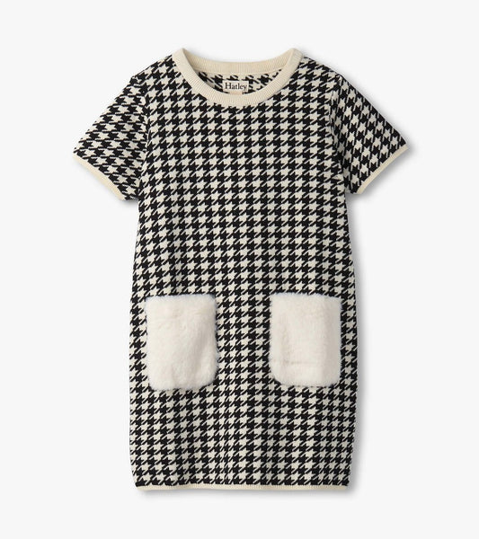 Girls Houndstooth Sweater Dress with Faux Fur Pockets
