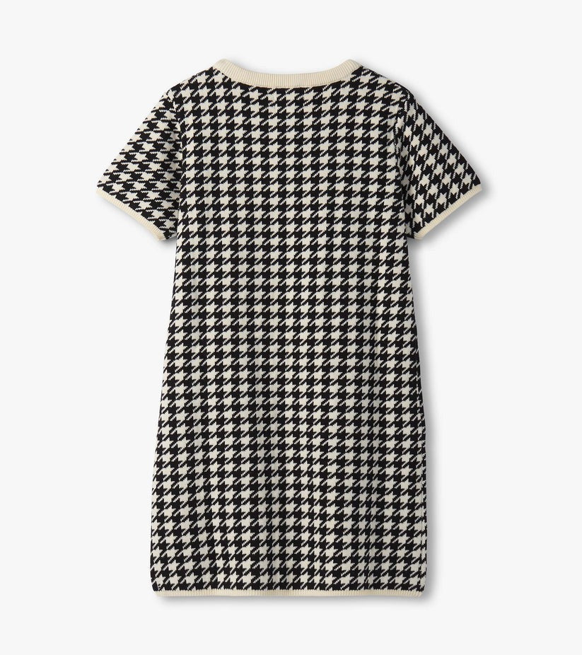 Girls Houndstooth Sweater Dress with Faux Fur Pockets
