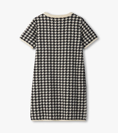 Girls Houndstooth Sweater Dress with Faux Fur Pockets