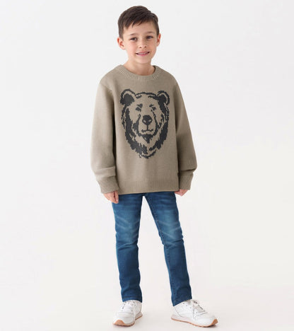 Boys Oatmeal Bear Crew Neck Sweater