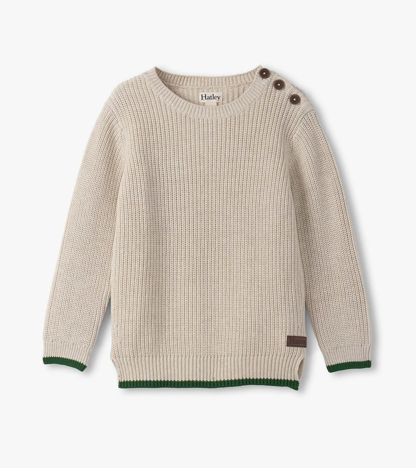 Boys Oatmeal Melange Button Neck Sweater
