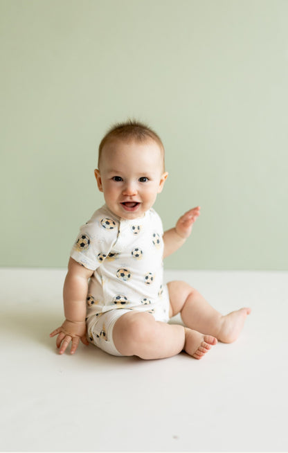 Coccoli Infant Boy Modal Romper - Soccer Balls on Cream