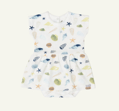 Coccoli Infant Girl Cotton-Modal Skirted Romper - Seashells on Cream