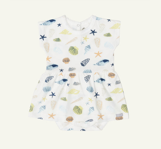 Coccoli Infant Girl Cotton-Modal Skirted Romper - Seashells on Cream