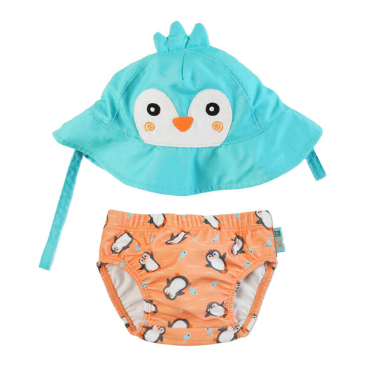 UPF50+ Baby Swim Diaper & Sun Hat Set - Penguin