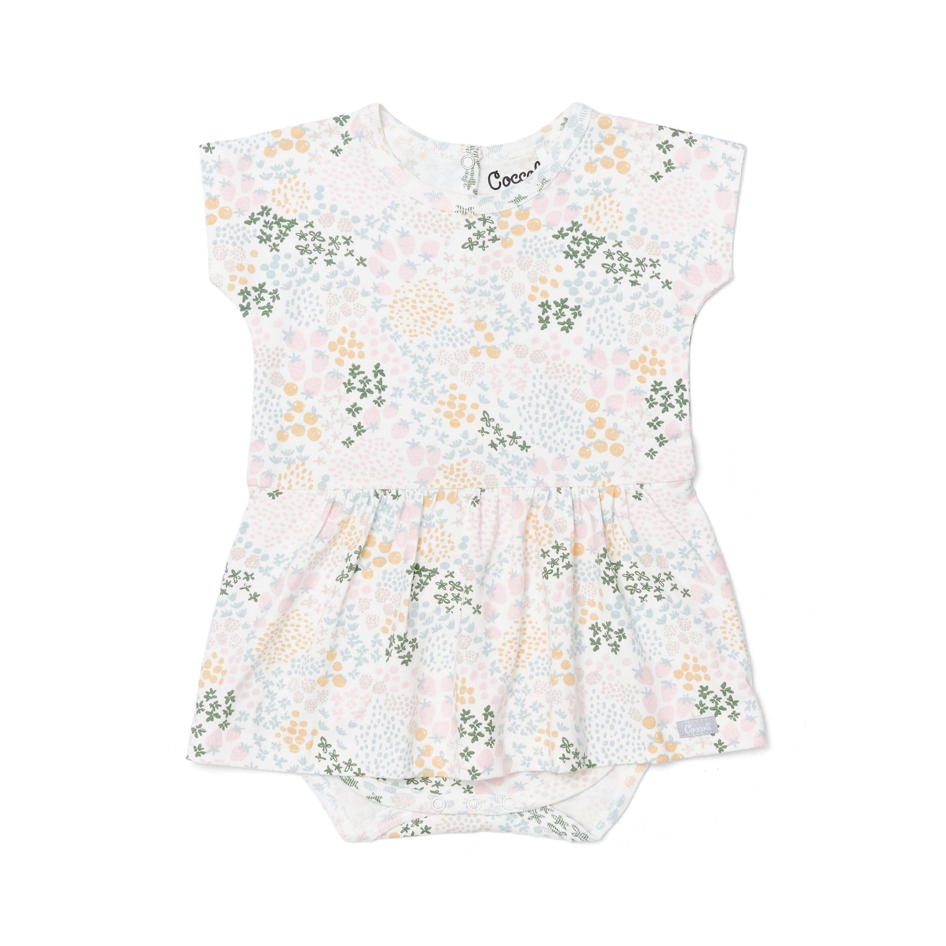 Canadian business. Soft and breathable cotton-modal romper featuring a playful fruit print, perfect for warm weather. Designed for comfort with an easy-to-wear fit, making it ideal for Spring/Summer 2025.