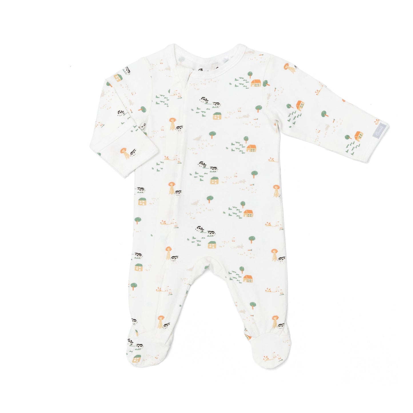 Modal Zipper Footie – Soft and breathable baby footed sleeper featuring an adorable farm animal print on a cream background. Designed for comfort with a convenient front zipper for easy changing. Perfect for the Spring/Summer 2025