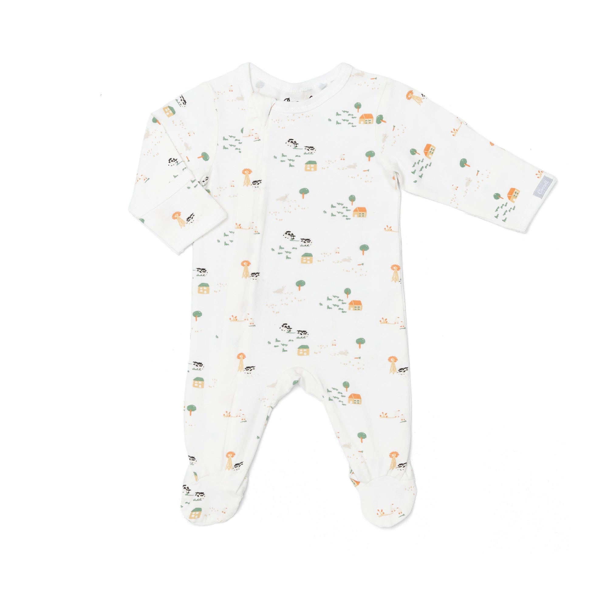 Modal Zipper Footie – Soft and breathable baby footed sleeper featuring an adorable farm animal print on a cream background. Designed for comfort with a convenient front zipper for easy changing. Perfect for the Spring/Summer 2025