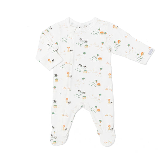 Modal Zipper Footie – Soft and breathable baby footed sleeper featuring an adorable farm animal print on a cream background. Designed for comfort with a convenient front zipper for easy changing. Perfect for the Spring/Summer 2025