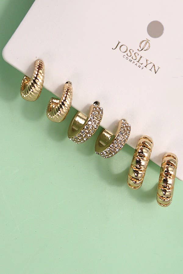 TRIO DE PENDIENTES DE ARO CON TEXTURA DE DIAMANTES DE IMITACIÓN | 80E5014