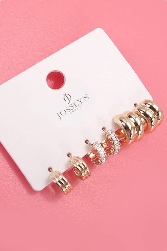 TRIO DE PENDIENTES HUGGIE DE DOBLE ARO CON PIEDRA BAGUETTE | 80E5317
