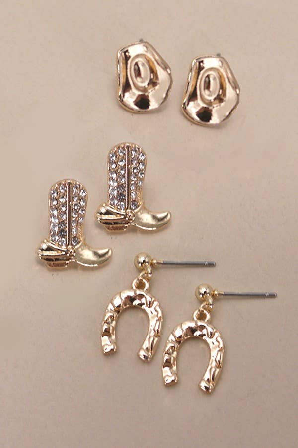 CHAPEAU BOTTES FER À CHEVAL WESTERN TRIO BOUCLES D'OREILLES | 80E3842