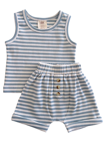 Dusty Blue Stripe / Organic Ribbed Tank & Short Set (Baby)