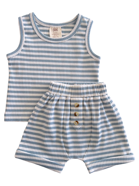 Dusty Blue Stripe / Organic Ribbed Tank & Short Set (Baby)