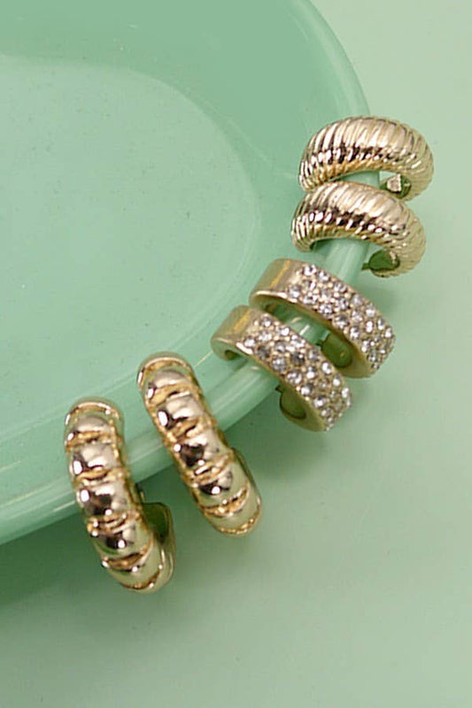 TRIO DE PENDIENTES DE ARO CON TEXTURA DE DIAMANTES DE IMITACIÓN | 80E5014