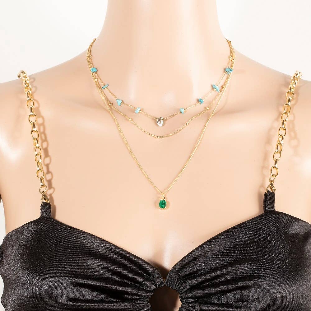 Mixed Chip Stones And Pendant Layered Chains Necklace