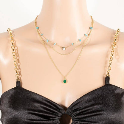 Mixed Chip Stones And Pendant Layered Chains Necklace