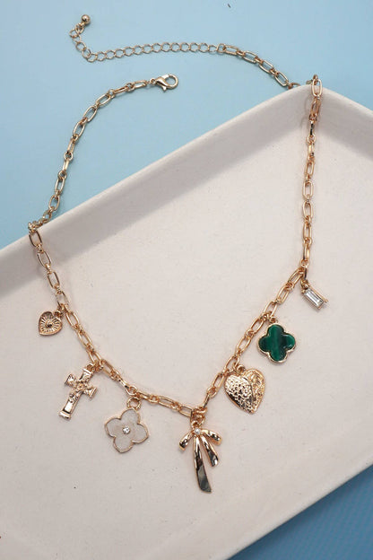 CHARM NECKLACE-GREEN CLOVER BOW CROSS HEART | 80N91991